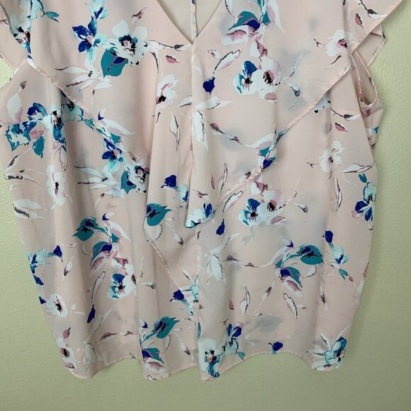 Lane Bryant Womens 28 Blouse Short Sleeve Pink Floral Ruffle V Neck Work Office - Picture 5 of 13